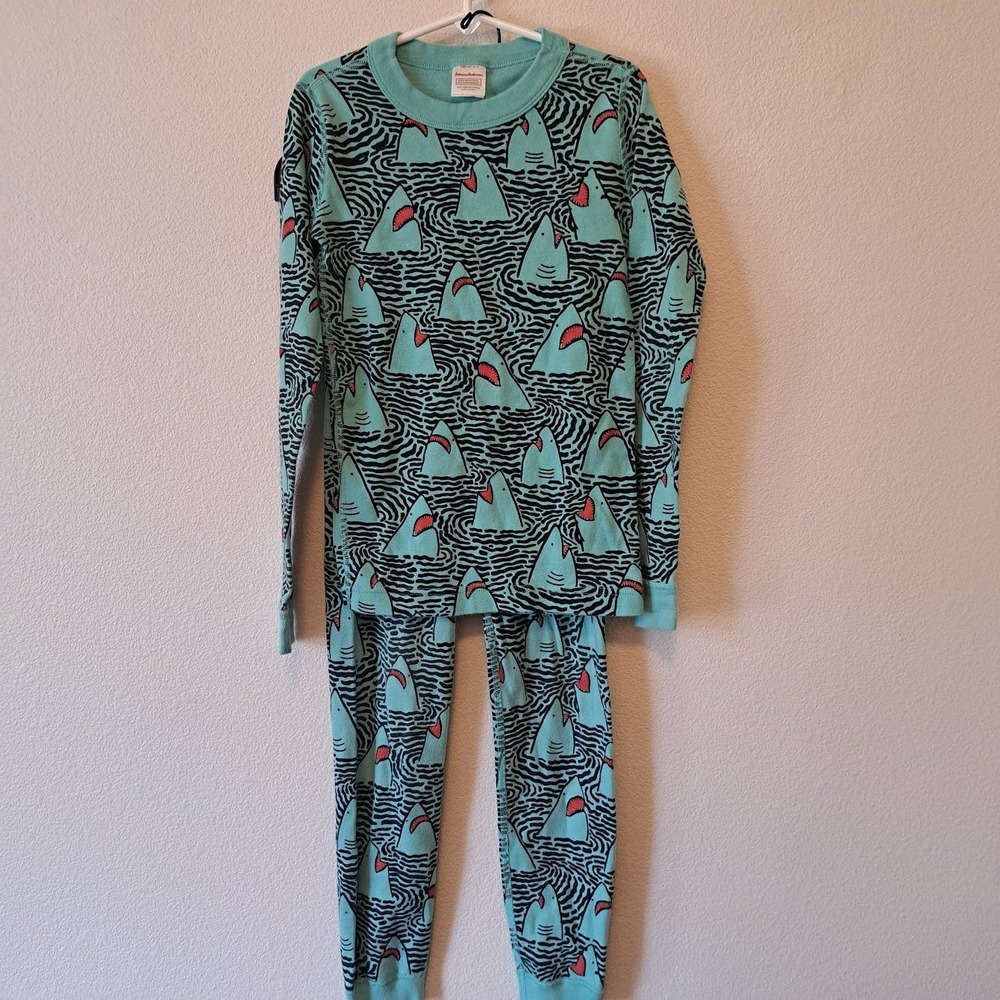 Hanna Andersson Kids Shark Print Organic Cotton Pajama Set Teal Blue SZ 8 130cm